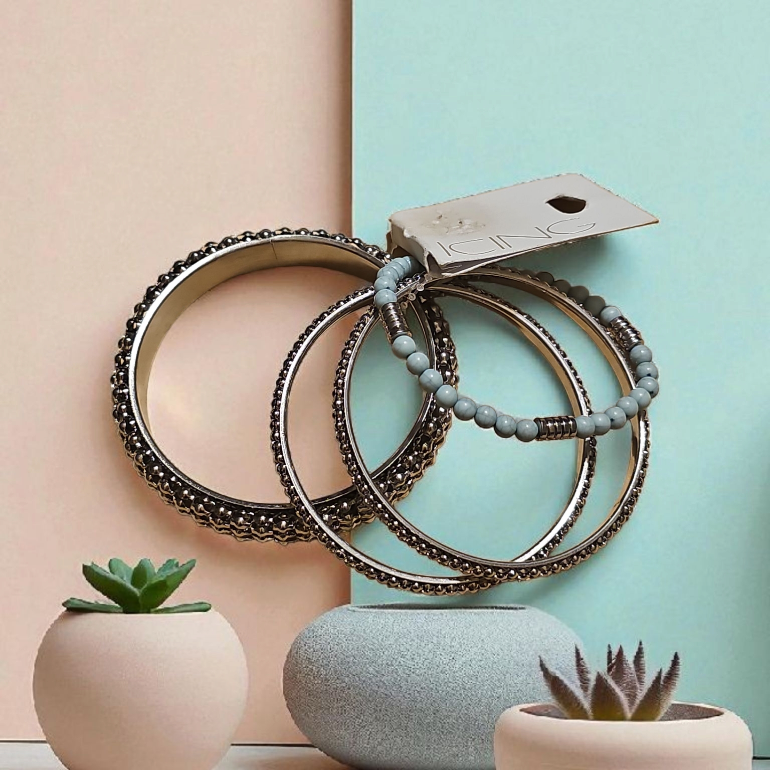 Elegant Silver And Blue Bangle Set 7$